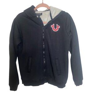 True Religion Hoodie Jacket Youth L 14-16 Black Sherpa Lined Zip-Up
